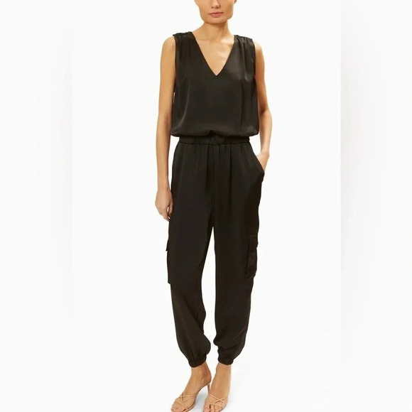 🆕 Ramy Brook MELISSA Smock Waist Satin Jogger Jumpsuit Color BONE, Size Medium - Picture 1 of 10